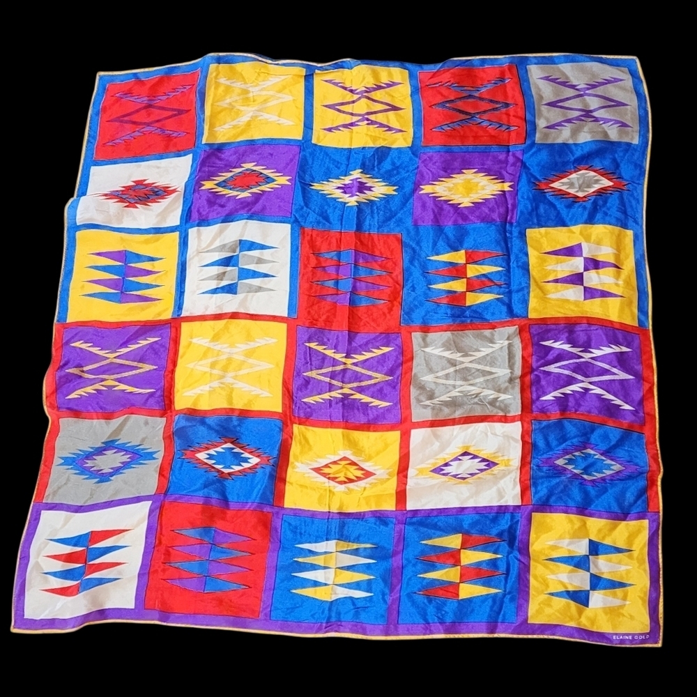Vintage Elaine Gold Geometric Print Silk Scarf Jewel Tones 32x31 Bold Colorful